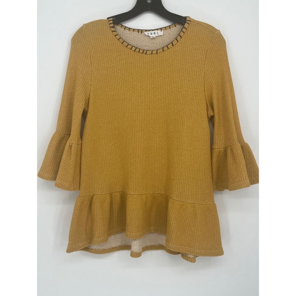 THML Textured Peplum Bell Sleeve Top Women M Mustard Whipstitch Crew Neck Boho